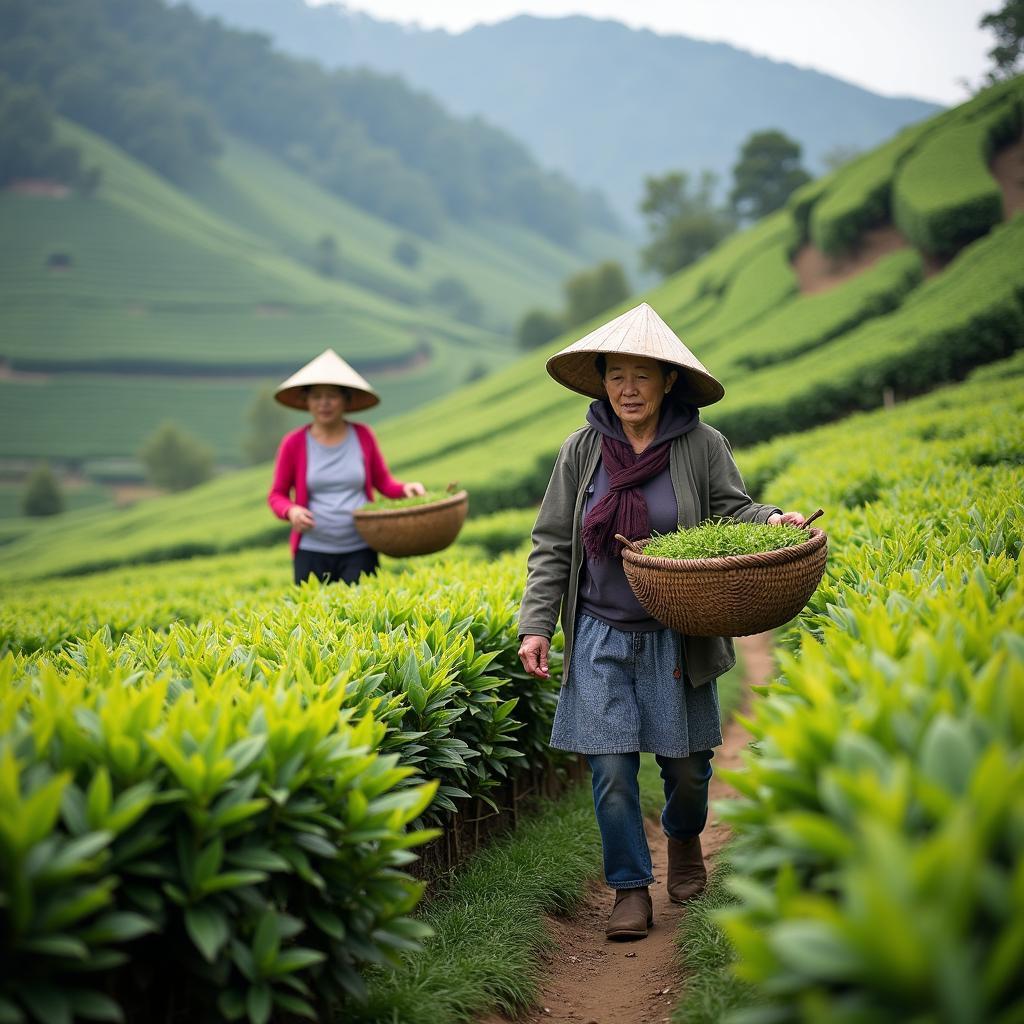Hình ảnh người dân địa phương đang làm việc trên nương chè tại Xã Phúc Lộc, Thái Nguyên.